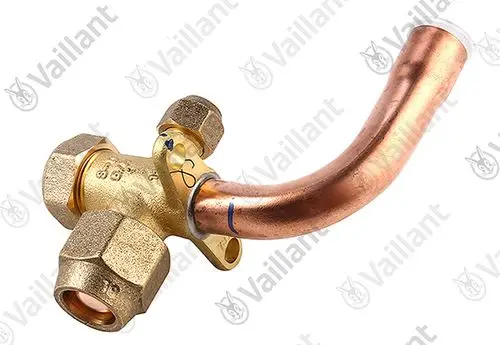 Vaillant Wartungshahn mit zwei Anschlussgewinden aus Messing und einem kupfernen Rohrbogen, geeignet für HVAC-Anwendungen.